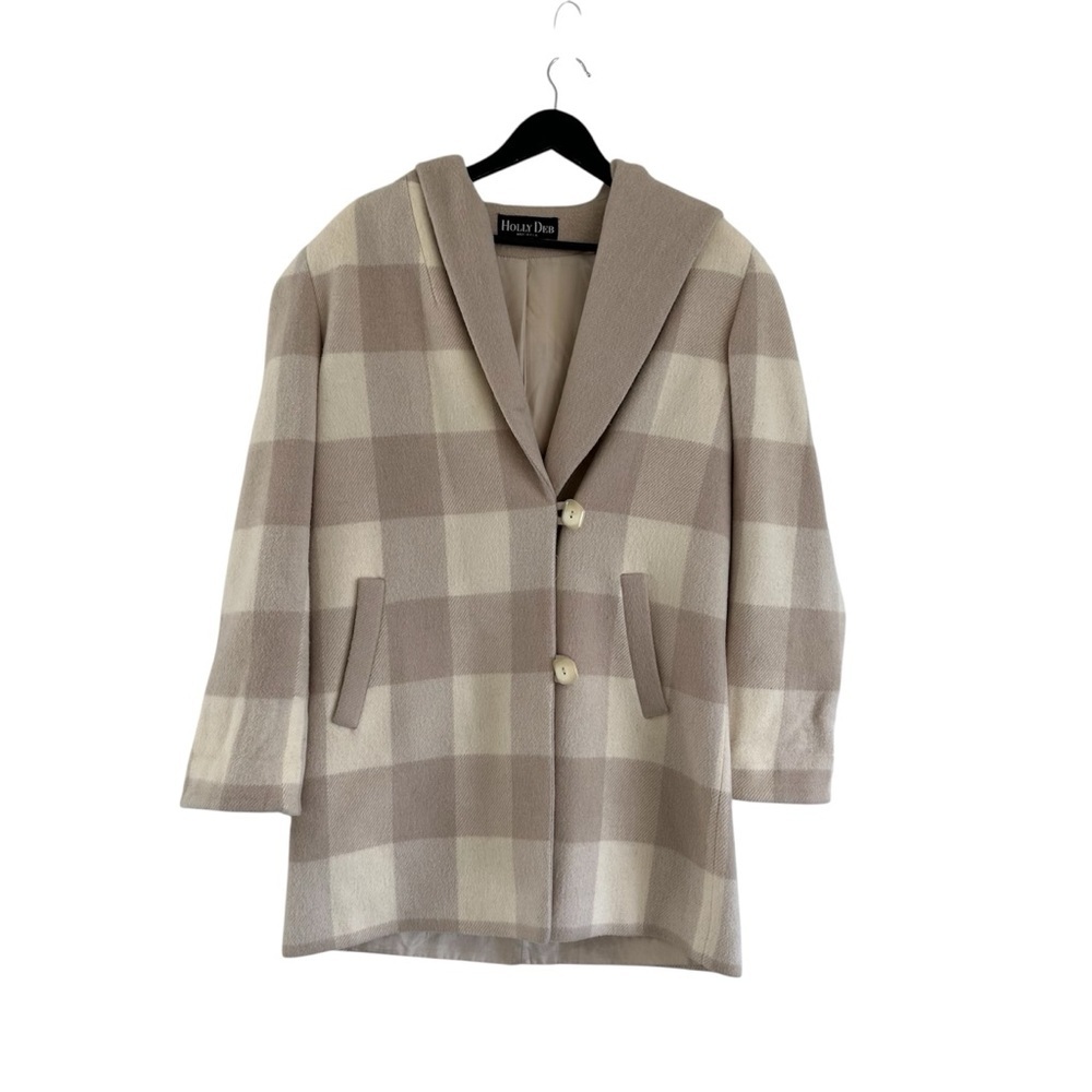 Vintage Holly Deb Plaid Wool Hooded Coat Medium Union Made In USA Cream Beige